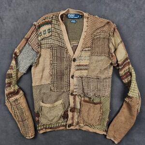 Polo Ralph Lauren Distressed Patchwork Tweed Linen Silk‎ Cardigan Sweater Small